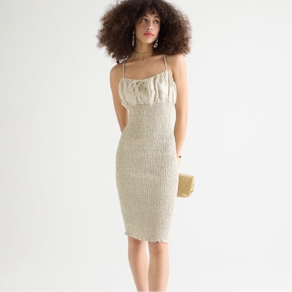 J.Crew Smocked Linen Dress Sz 10 Tan - Picture 1 of 13